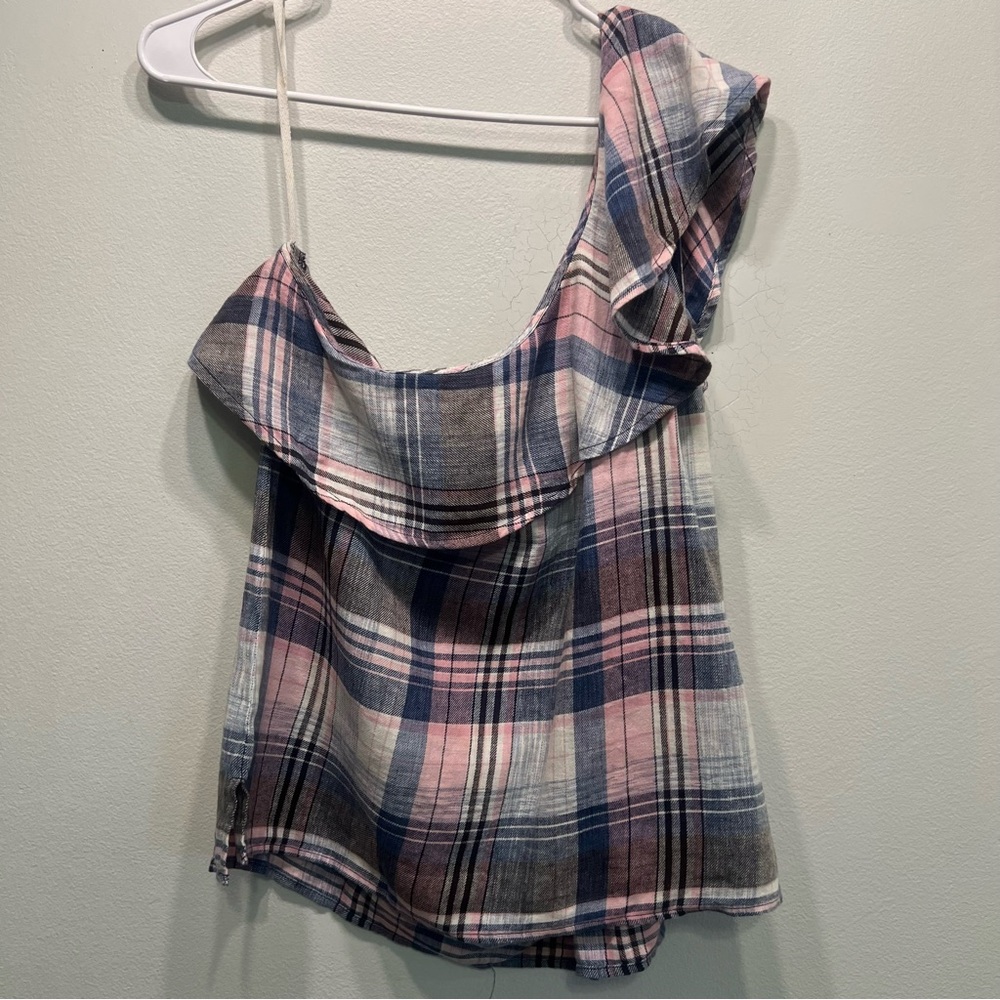 Cloth and Stone One Shoulder Ruffle Plaid Top Blouse Size L Pink Blue Linen